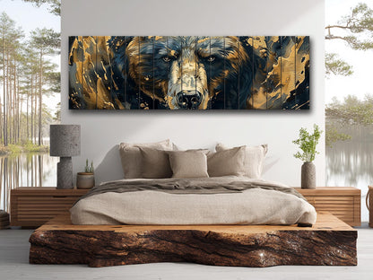 Black Gold Wood Art – Natural Wood Print with Abstract Black and Gold Bears