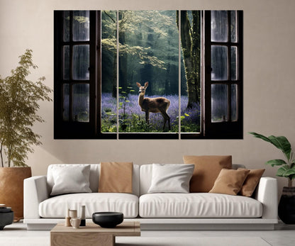 Fantasy Forest Canvas Print - Window Canvas Art With Abstract Deer Wall Decor