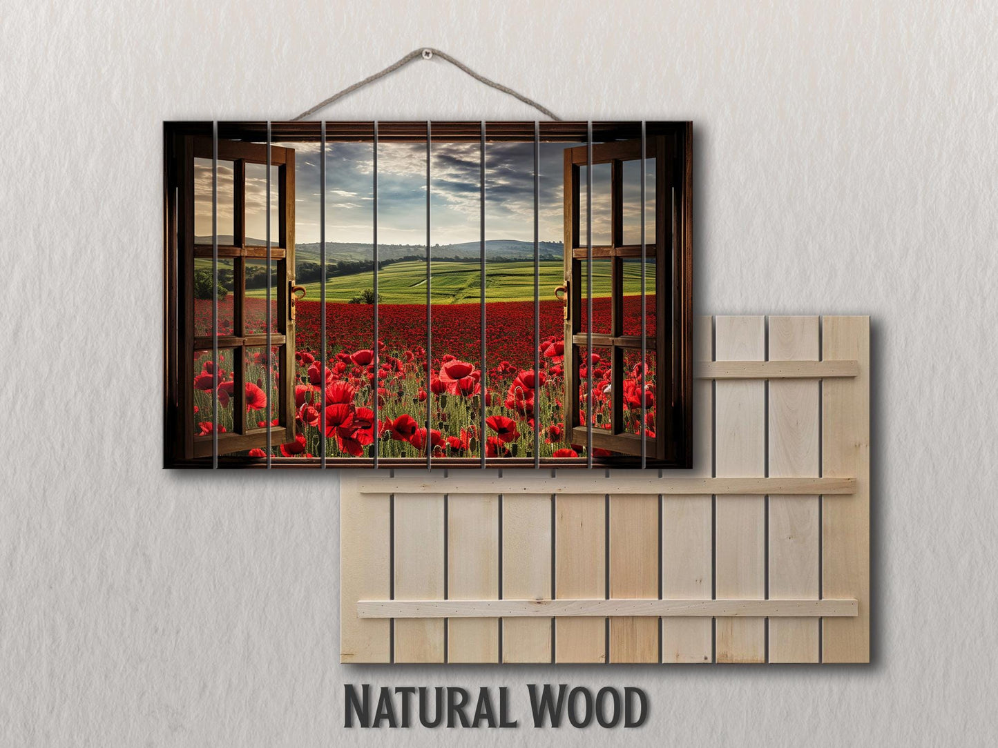 Wood Wall Art – Faux Window Print with Poppy Field Painting | Rustic Farmhouse Decor