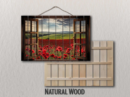 Wood Wall Art – Faux Window Print with Poppy Field Painting | Rustic Farmhouse Decor