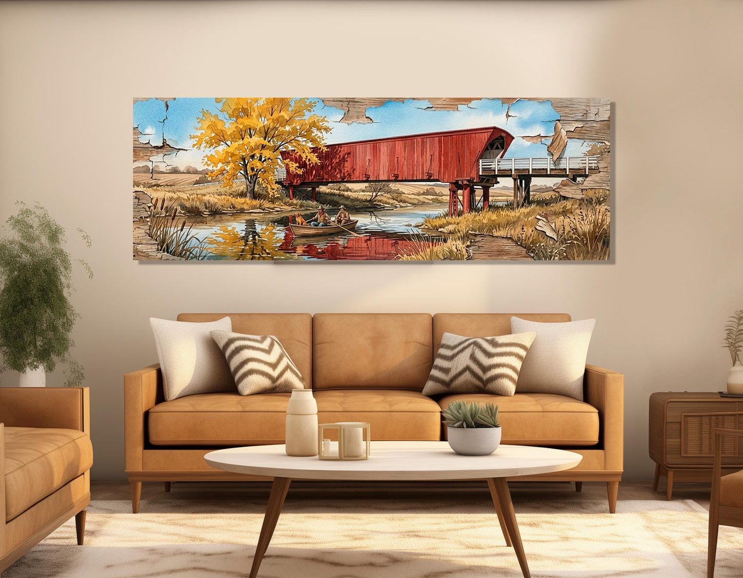 Roseman Bridge Canvas Print, Panoramic Covered Bridge Painting, Large River Wall Art, Framed and Ready to Hang