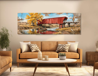 Roseman Bridge Canvas Print, Panoramic Covered Bridge Painting, Large River Wall Art, Framed and Ready to Hang