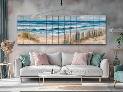 Serene Coastal Scene with Rolling Waves and Sandy Dunes Print on Wood, Seaside Grass, Beach Wall Art, Beach Cabin Decor, Wood Wall Art