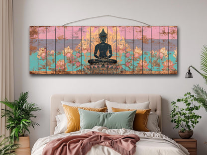 Wood Wall Art – Peaceful Buddha Silhouette with Lotus Flowers Print on Natural Wood, Buddhist Wall Decor, Buddha Painting, Buddhist Gift