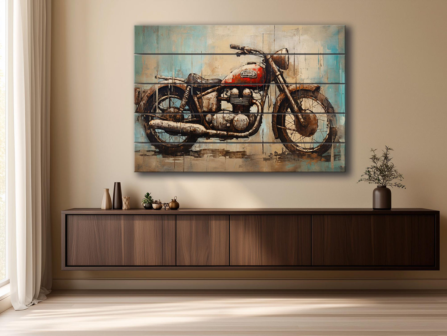 Abstract Rustic Painting of Vintage Motorbike Printed on Natural Wood