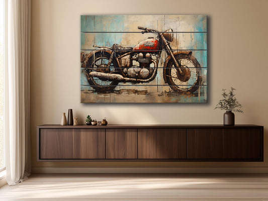 Abstract Rustic Painting of Vintage Motorbike Printed on Natural Wood