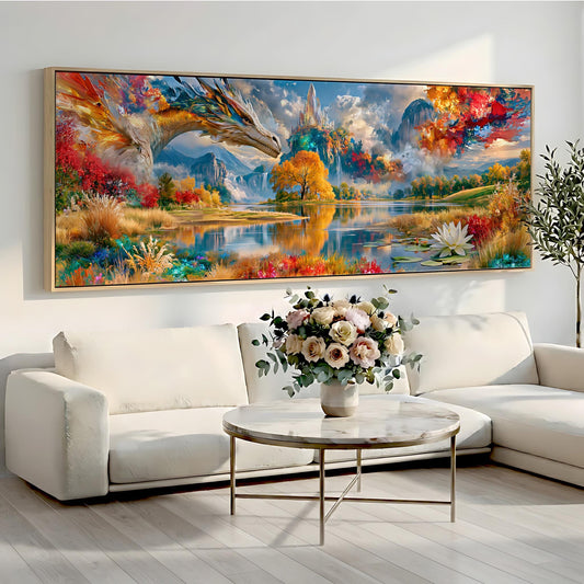 a large, colorful painting of a dragon and a landscape with mountains, flowers, and a lake, hanging on a wall above a white sofa and a round coffee table.