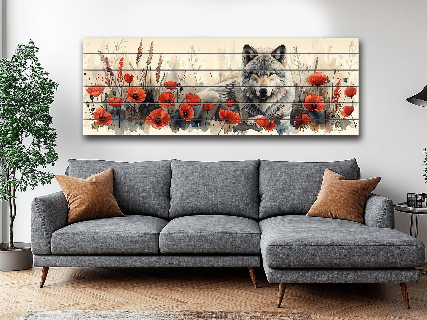 Wolf Wood Wall Art – Rustic Wood Print with Red Poppies and Wildlife Decor