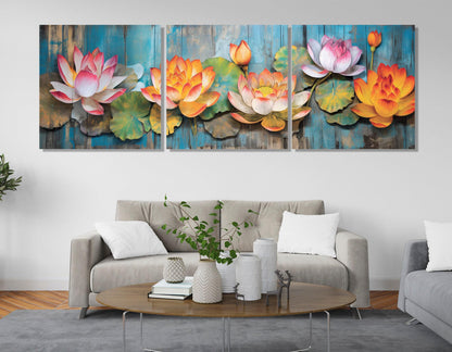 Abstract Lotus Canvas - Vibrant Floral Wall Decor With Wooden Background Painting