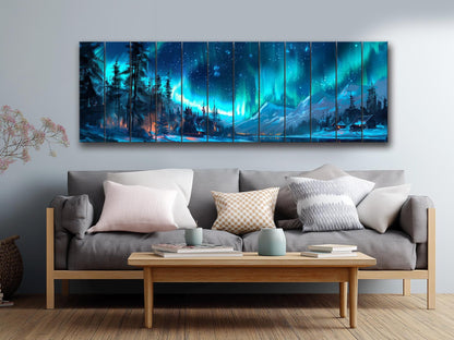 Northern Lights Wall Art – Aurora Borealis Wooden Print on Natural Wood Decor