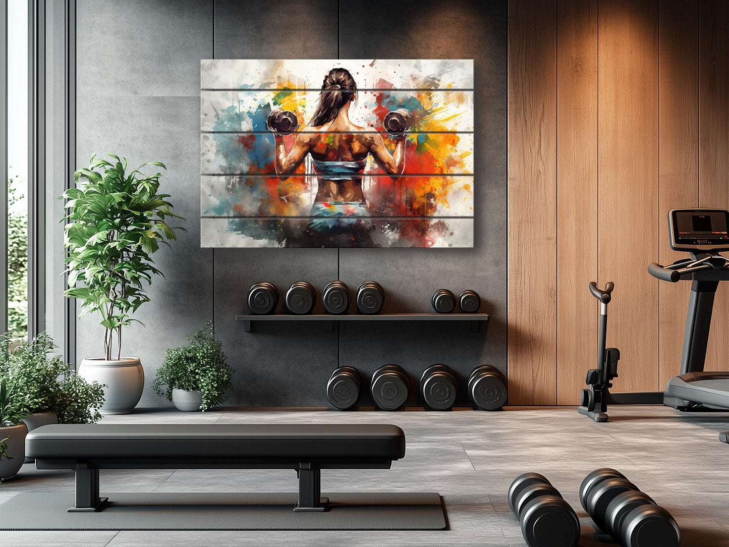 Girl with Dumbbells Painting – Wooden Gym Wall Art | Fitness Motivation Print