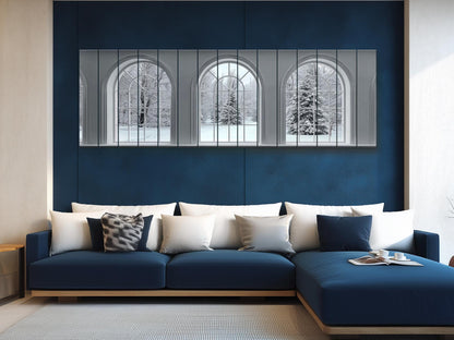 Winter Windows Print on Wood – Snowy Landscape Wall Art, Rustic White Arched Window Decor