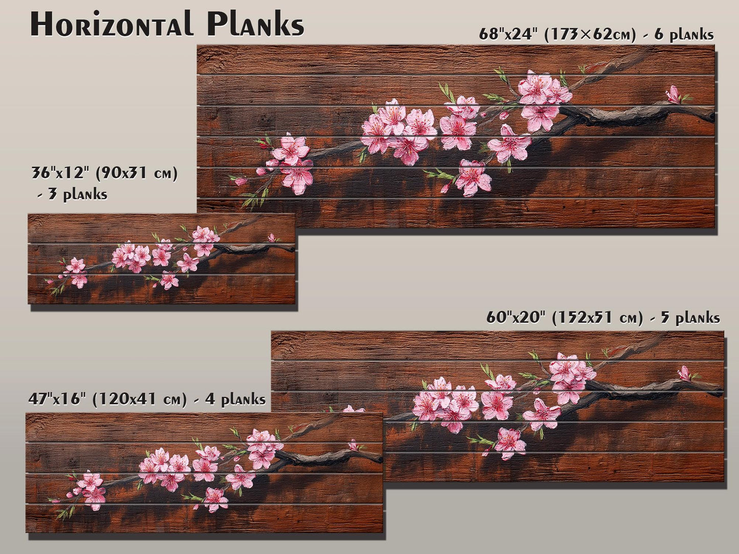 Sakura Branch Wood Art – Japanese Cherry Blossom Print on Natural Wood Wall Decor