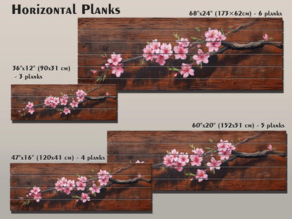 Sakura Branch Wood Art – Japanese Cherry Blossom Print on Natural Wood Wall Decor