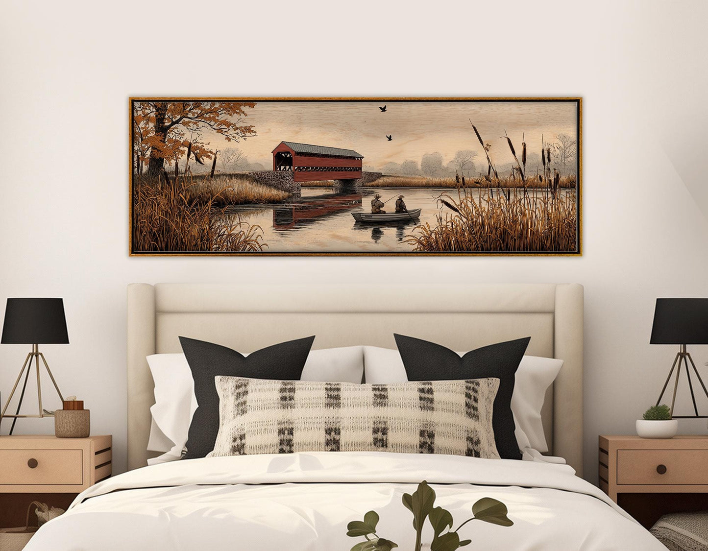 Sachs Bridge Canvas Print, River Fishing Wall Art, Fishing Cabin Decor, Framed and Ready to Hang
