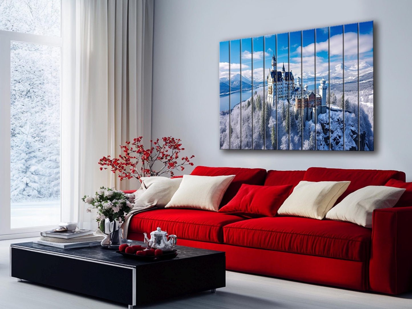 Neuschwanstein Castle Painting – Winter Castle Wall Art on Natural Wood Planks