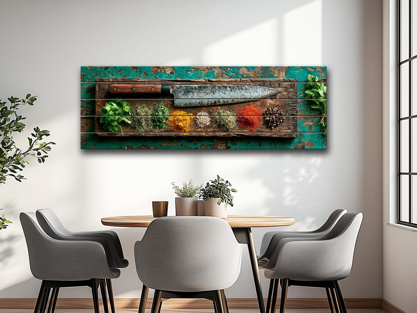 Rustic Kitchen Wall Art – Chef Knife Wood Print with Herbs on Peeling Paint
