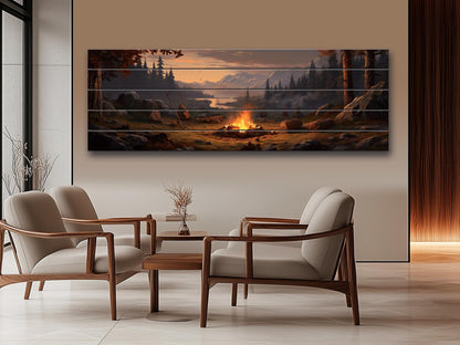 Rustic Wood Wall Art – Bonfire Forest Print on Natural Wood Plank Art
