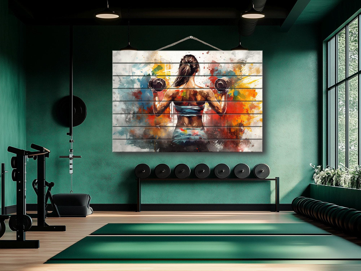 Girl with Dumbbells Painting – Wooden Gym Wall Art | Fitness Motivation Print