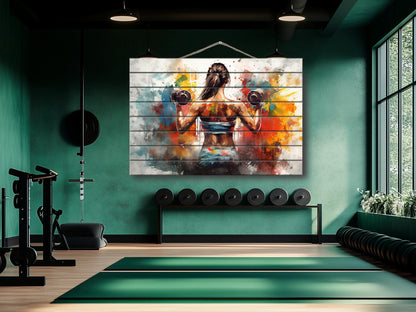 Girl with Dumbbells Painting – Wooden Gym Wall Art | Fitness Motivation Print