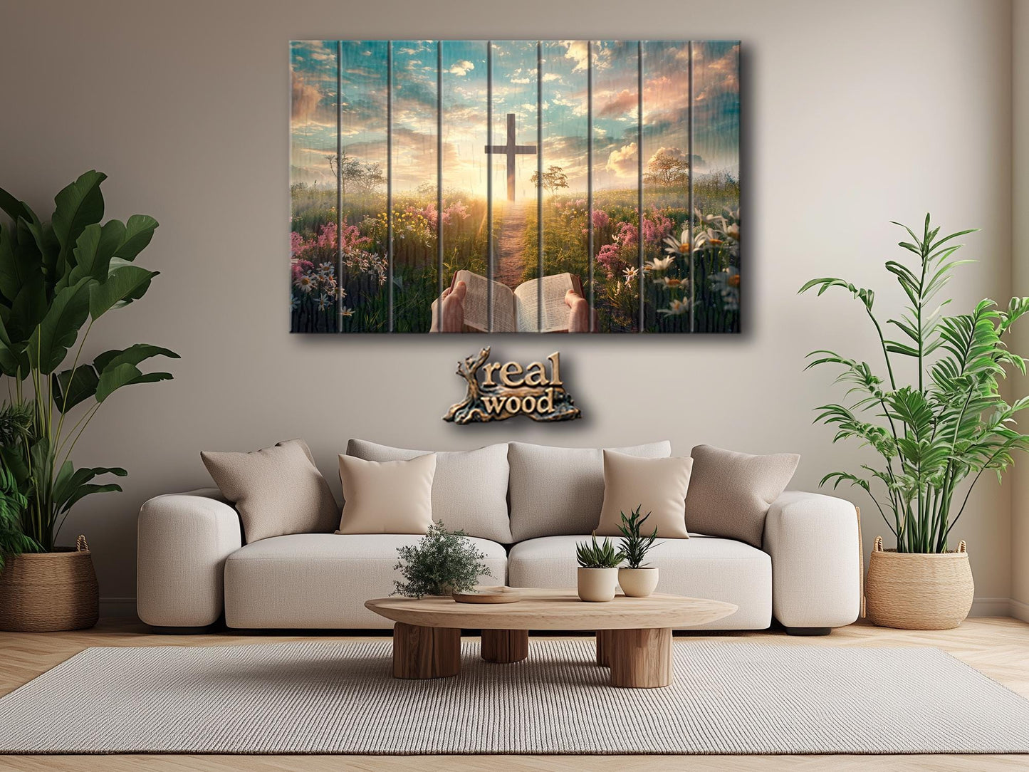 Wood Wall Art - Rustic Bible Cross Painting | Handcrafted Wooden Art with Natural Wood Grain Texture