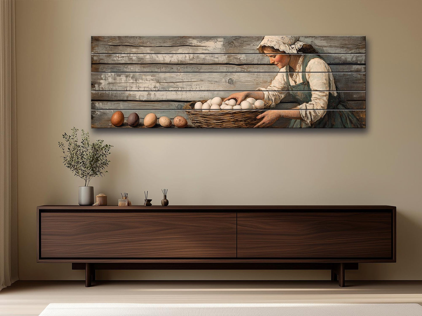 Rustic Wood Wall Art – Woman Collecting Eggs Print on Natural Wood Plank