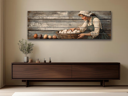 Rustic Wood Wall Art – Woman Collecting Eggs Print on Natural Wood Plank