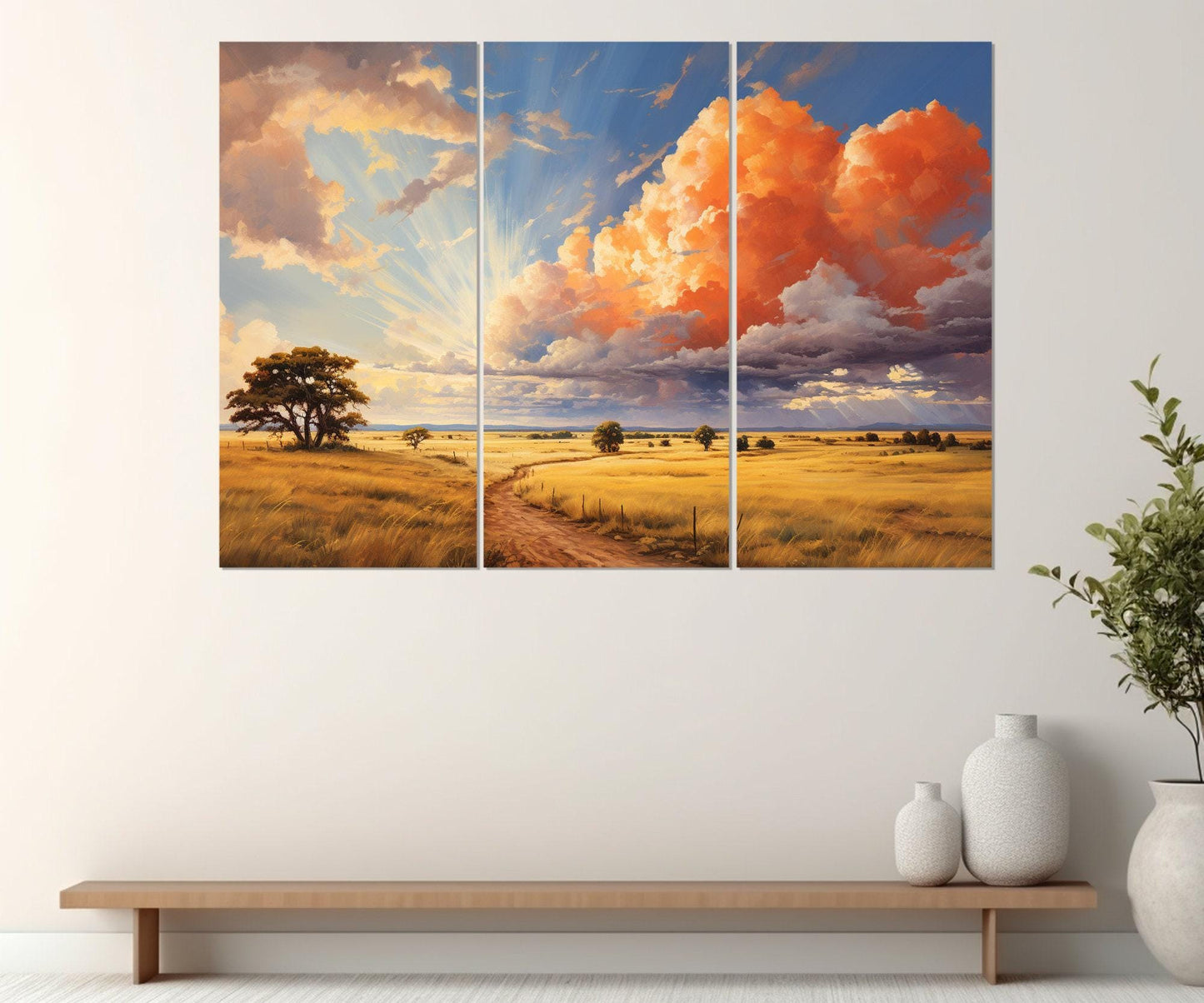 Rustic Landscape Canvas Print – Scenic Field Painting with Golden Autumn Decor