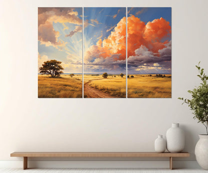 Rustic Landscape Canvas Print – Scenic Field Painting with Golden Autumn Decor