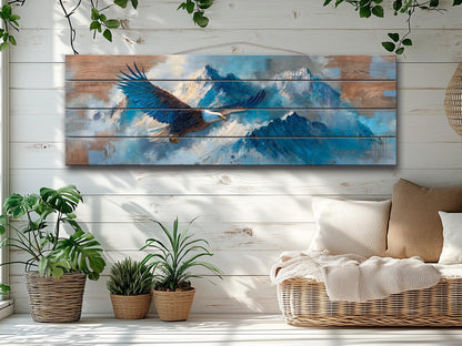 Bald Eagle Wall Art | Rustic Wood Wall Decor - Soaring Mountain Eagle Print