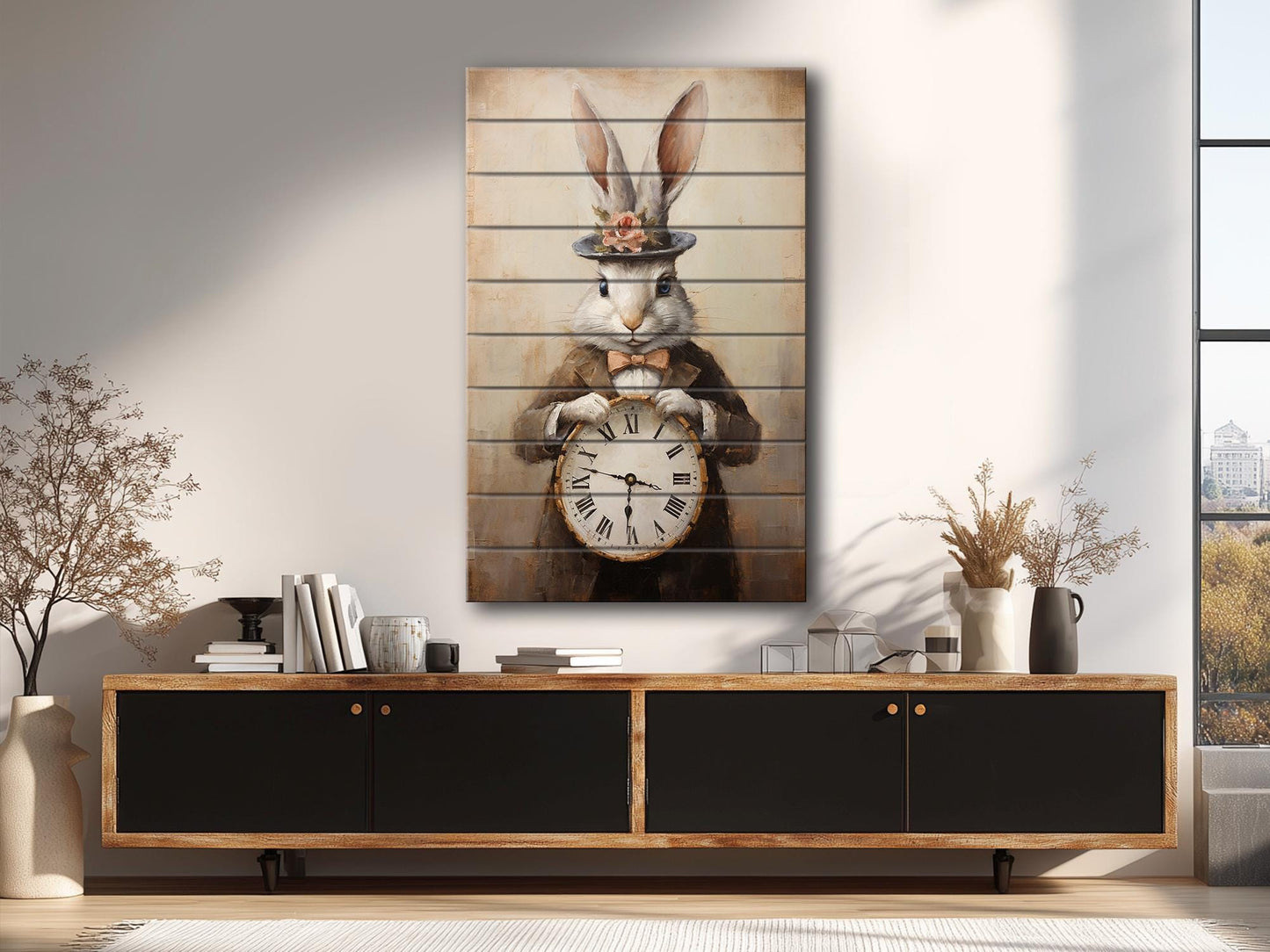 Vintage Rabbit Art – Rustic Wood Wall Art With Whimsical Animal Print Clock