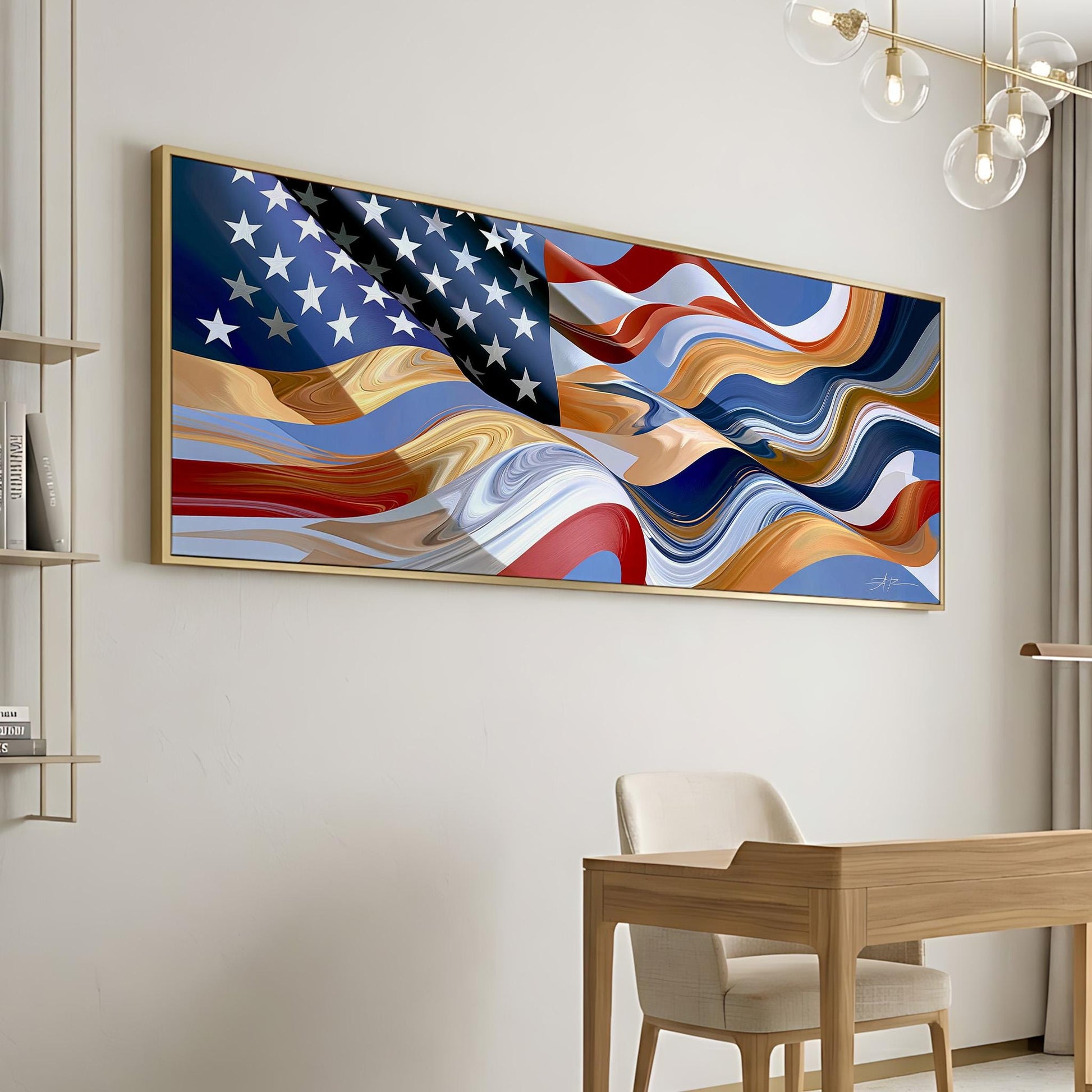 a large, colorful abstract painting of the American flag hanging on a wall.