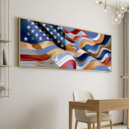 a large, colorful abstract painting of the American flag hanging on a wall.
