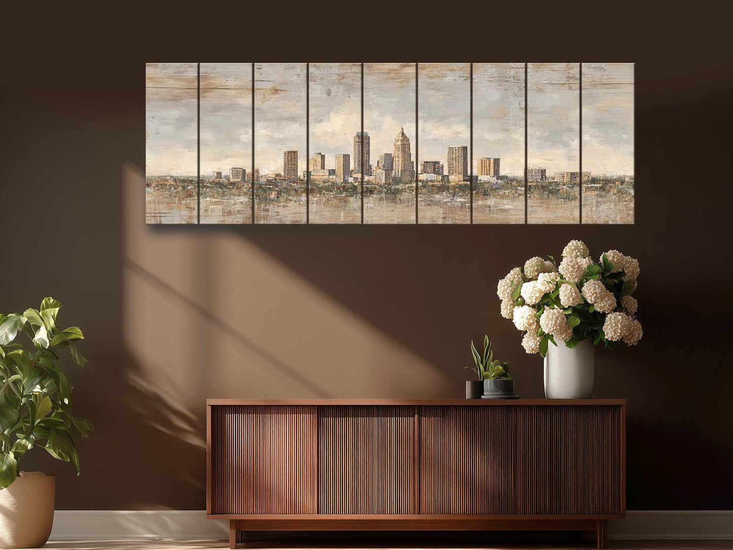 Indianapolis Skyline Wood Print – Rustic Wood Art | Beige Sunlight Painting