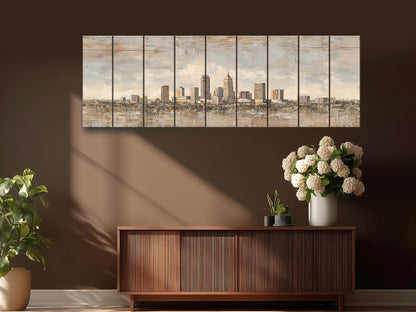Indianapolis Skyline Wood Print – Rustic Wood Art | Beige Sunlight Painting