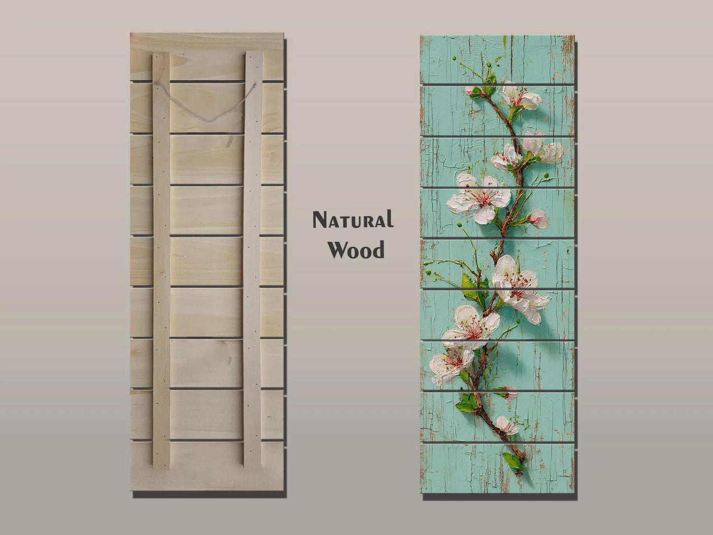 Rustic Cherry Blossom Printed on Woodm, Spring Floral Wooden Wall Art