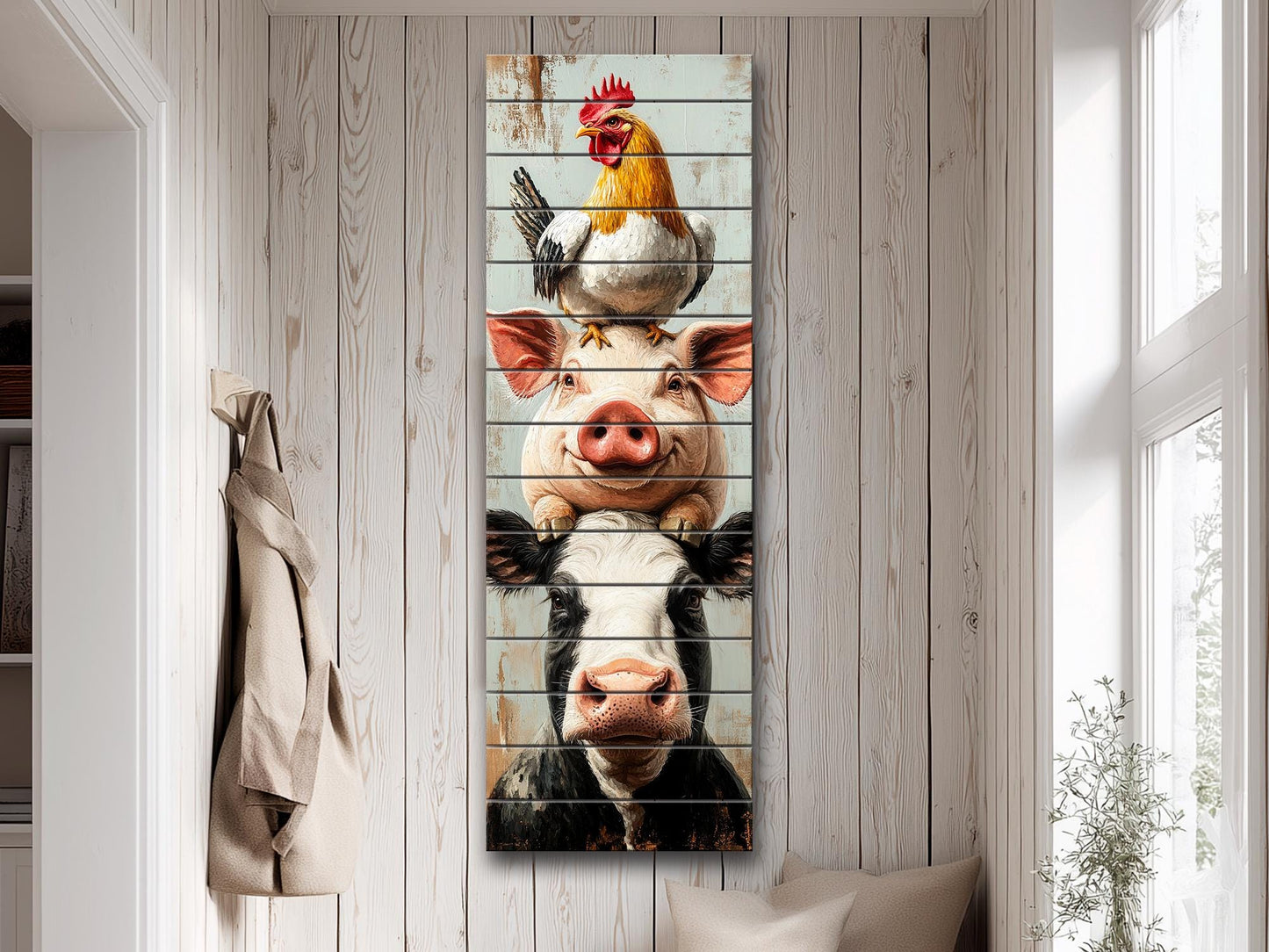 Farm Animal Wall Art – Rustic Farmhouse Decor Wooden Farm Print on Wood Planks