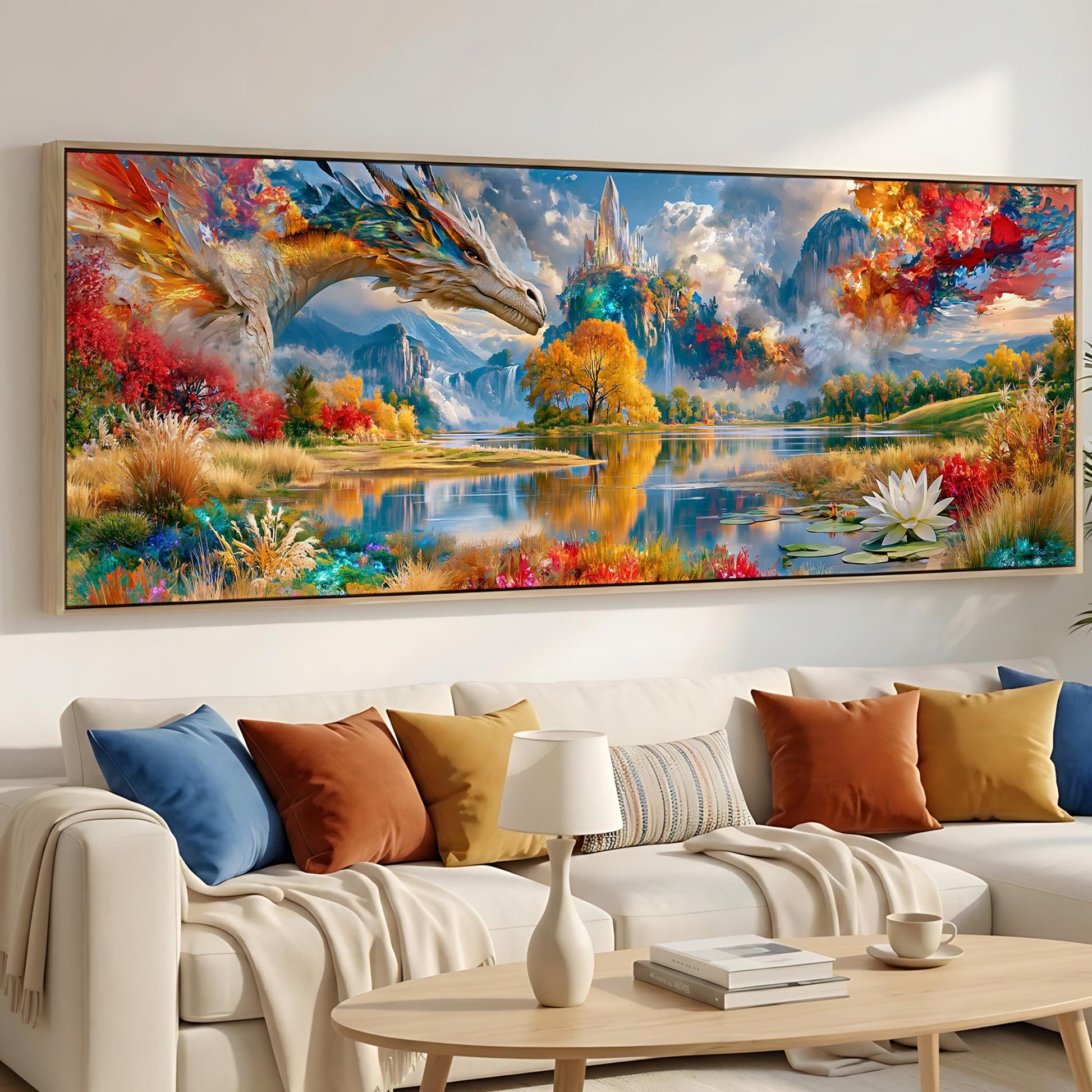 a large, colorful painting of a fantastical landscape hanging on a wall above a white couch with various pillows.