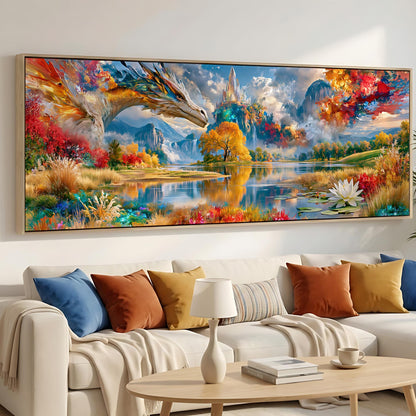 a large, colorful painting of a fantastical landscape hanging on a wall above a white couch with various pillows.