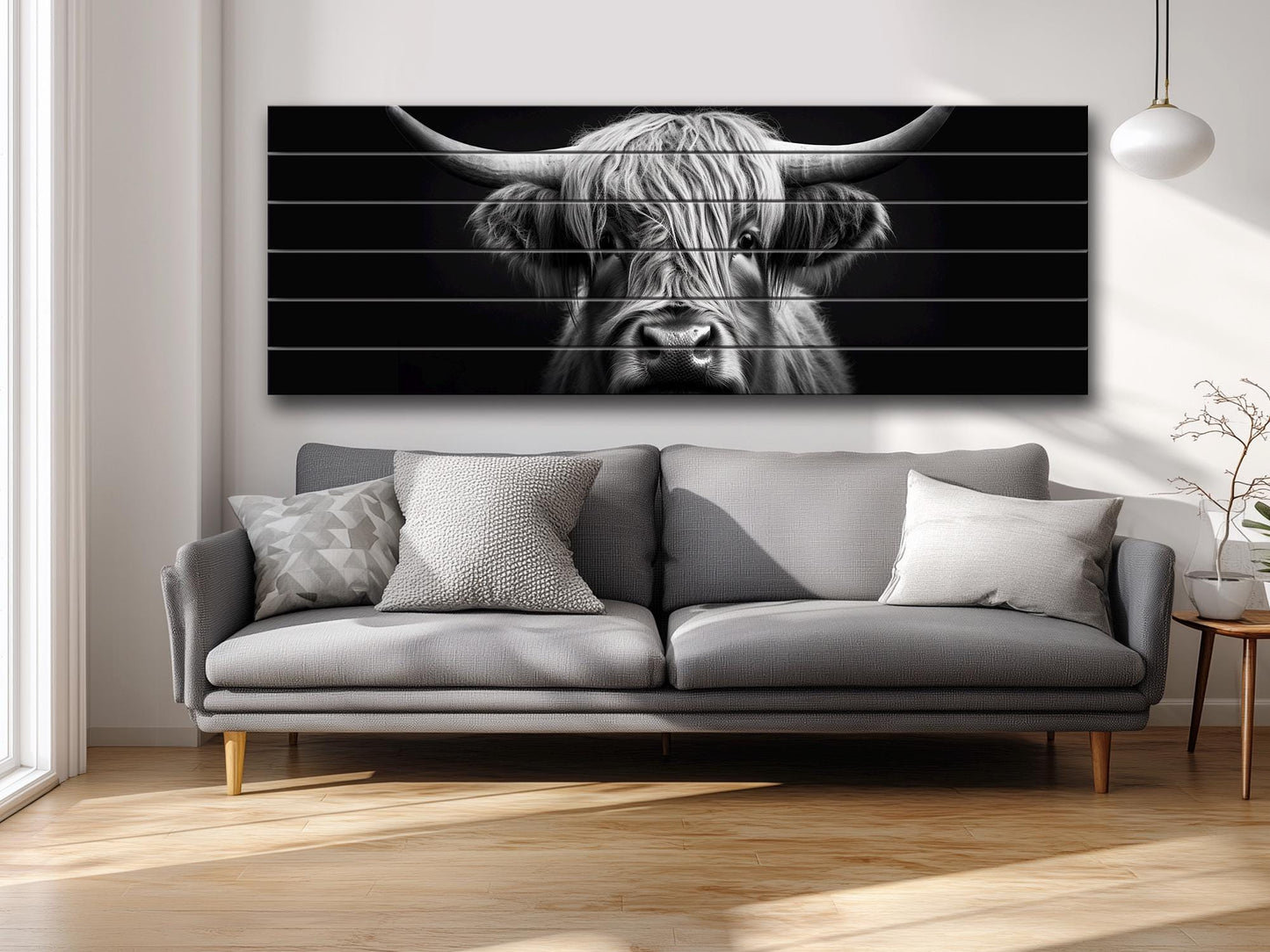 Highland Cow Wall Art – Rustic Farmhouse Wood Decor | Black And White Cow Print