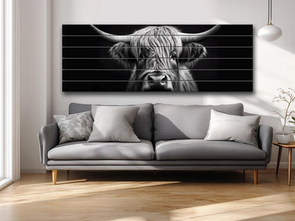 Highland Cow Wall Art – Rustic Farmhouse Wood Decor | Black And White Cow Print