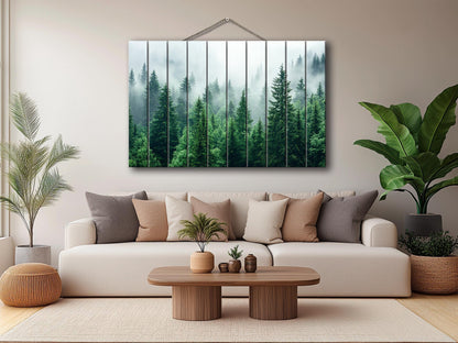 Rustic Wood Wall Art - Pine Forest Print on Natural Wood Planks | Misty Foggy Decor