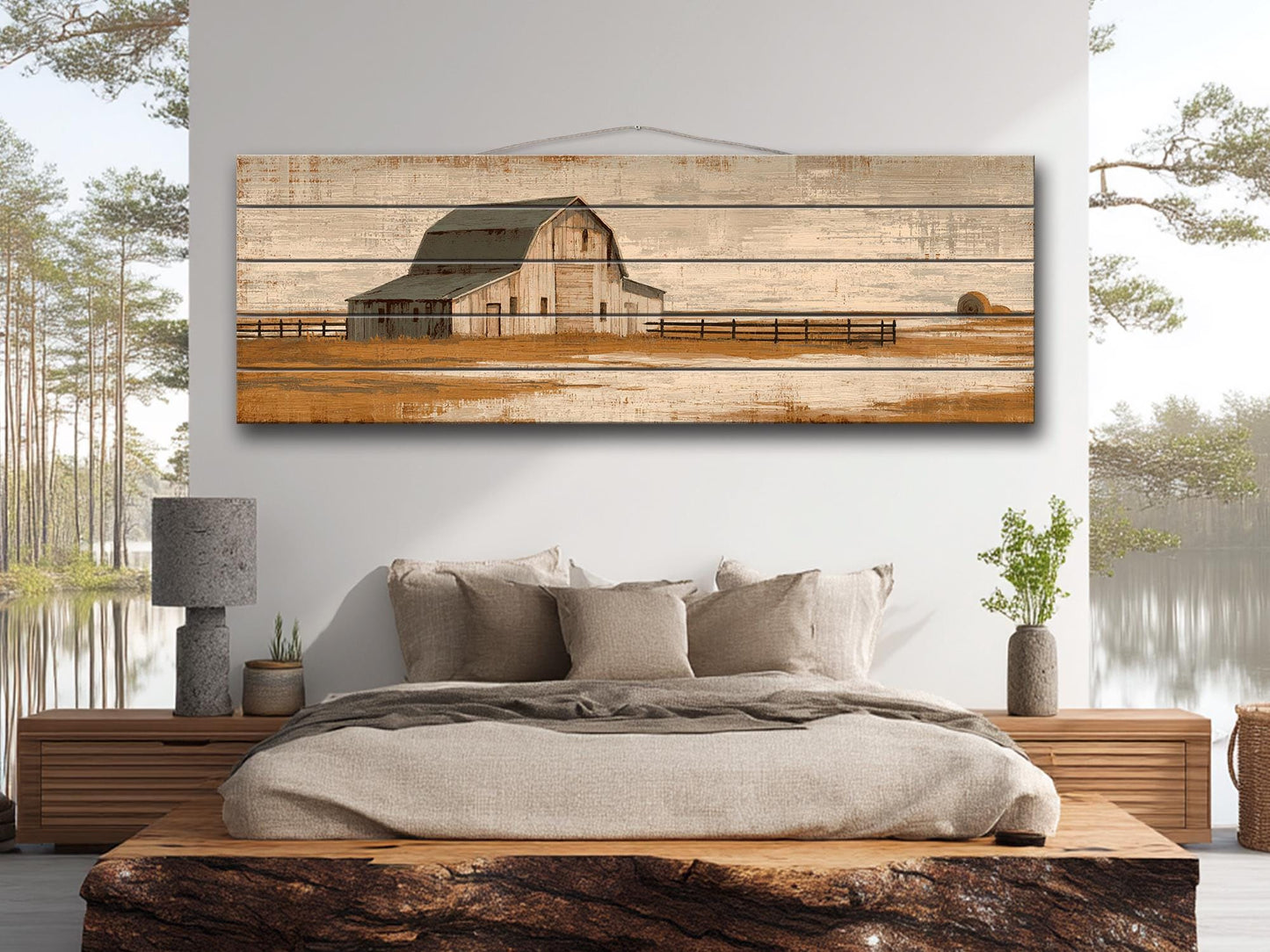 Alpine Wood Wall Art – Rustic Mountain Painting With Beige Blue Lake Decor