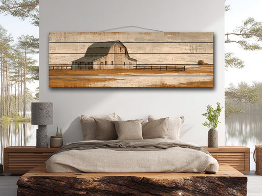Alpine Wood Wall Art – Rustic Mountain Painting With Beige Blue Lake Decor