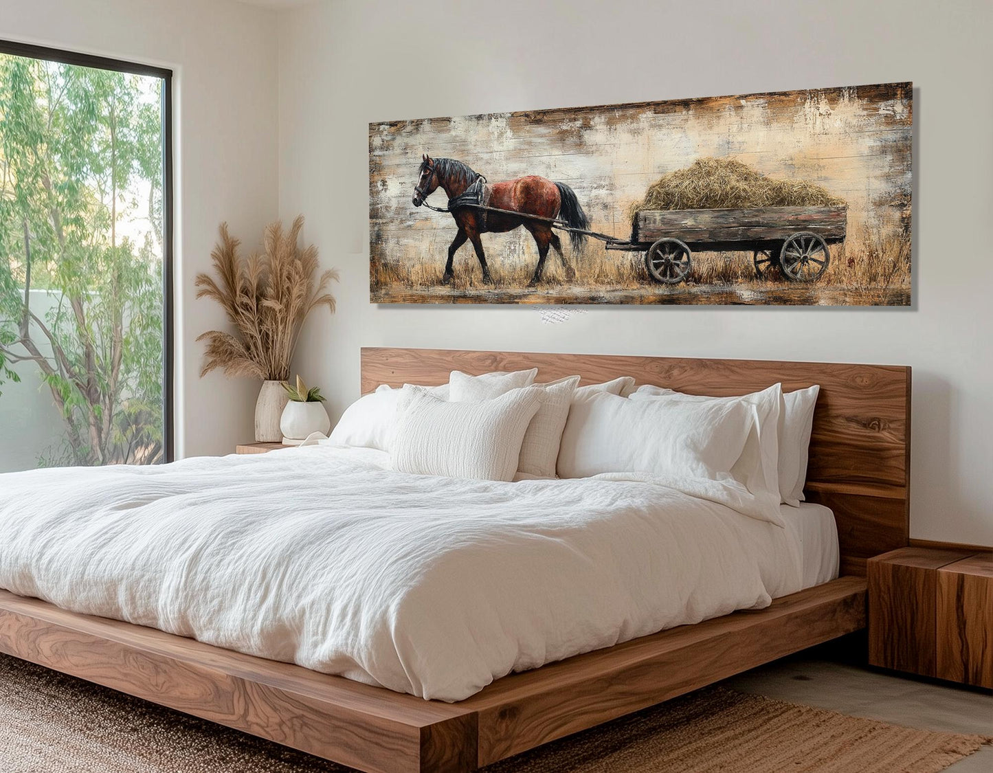 Horse Canvas Print – Brown Horse Pulling Wooden Cart | Rustic Wall Decor Framed Canvas