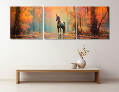 Horse Canvas Art – Fantasy Horse Poster in Autumn Forest | Framed Canvas Print Ready to Hang
