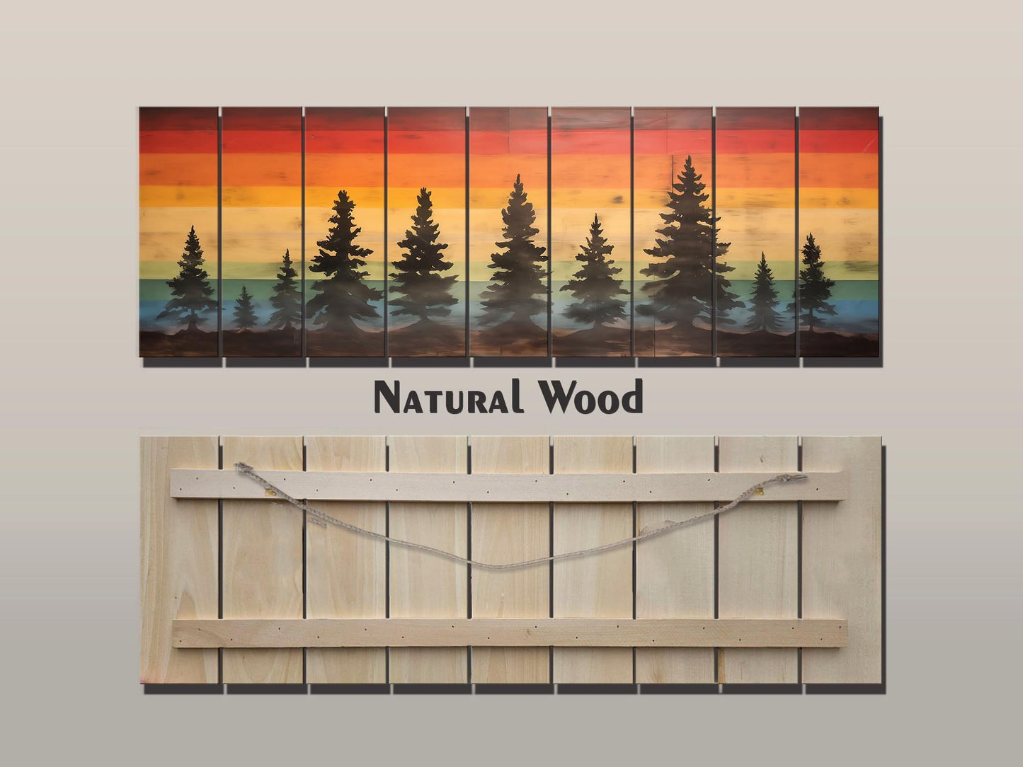 Wooden Forest Wall Art – Colorful Sunset Pine Tree Print on Natural Wood Planks