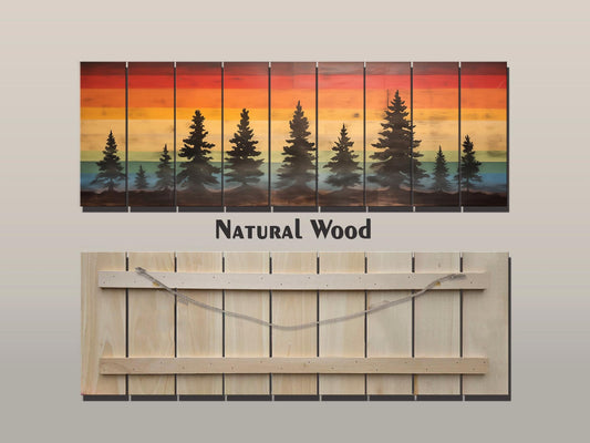 Wooden Forest Wall Art – Colorful Sunset Pine Tree Print on Natural Wood Planks
