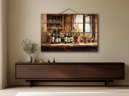 Tuscan Wood Wall Art – Vintage Wine Painting on Natural Wood Plank Print
