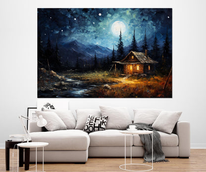 Moonlit Cabin Canvas – Rustic Wall Art | Starry Night Canvas Framed Print